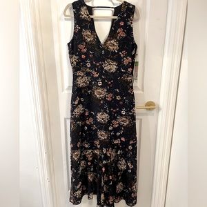 Long navy v neck dress with wildflowers
